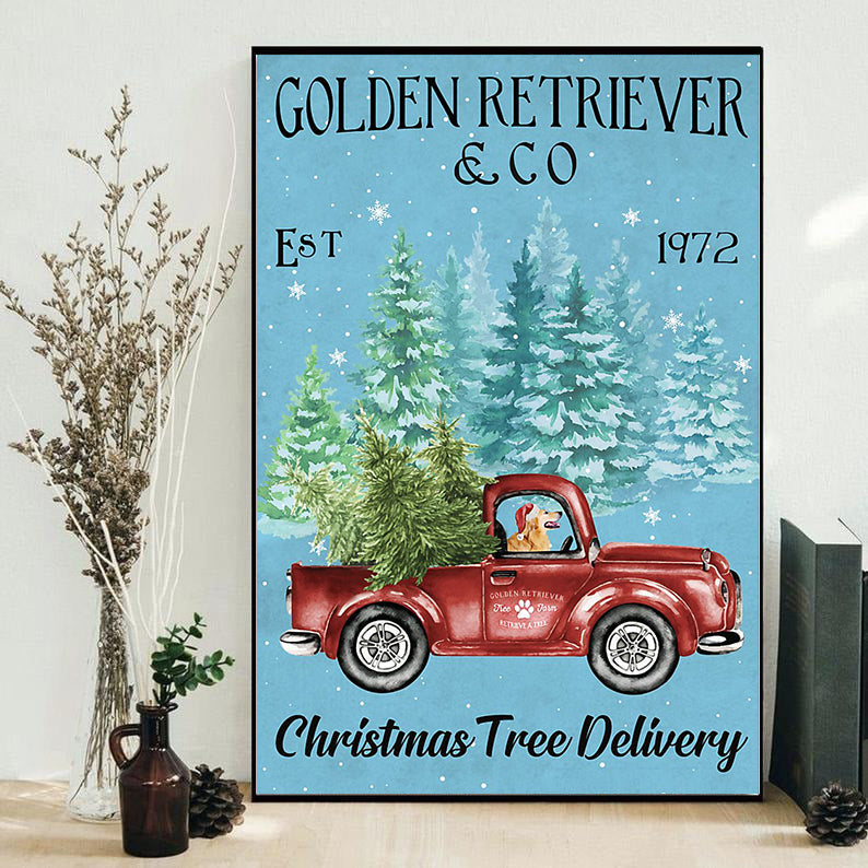 Golden Retriever Christmas Tree Delivery Blue Style - Vertical Poster - Owls Matrix LTD