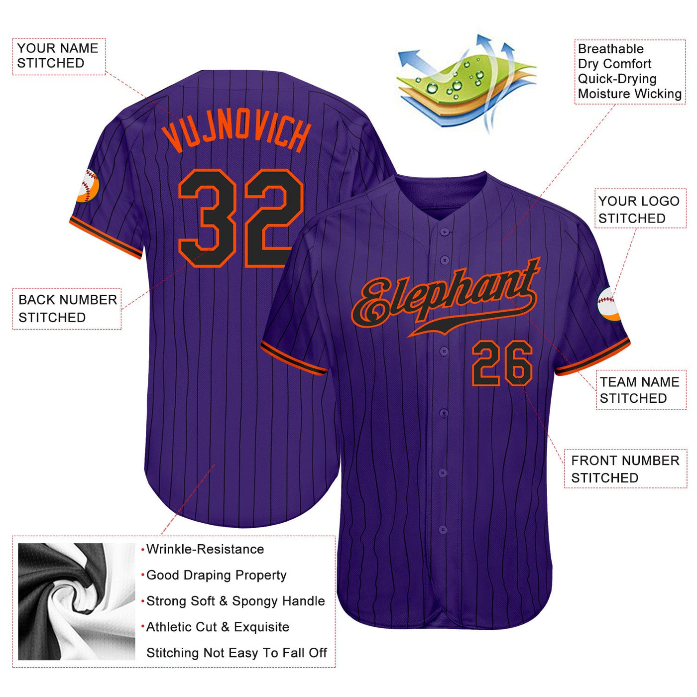 Custom Purple Black Pinstripe Black-Orange Authentic Baseball Jersey - Owls Matrix LTD