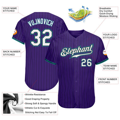 Custom Purple Black Pinstripe White-Aqua Authentic Baseball Jersey - Owls Matrix LTD