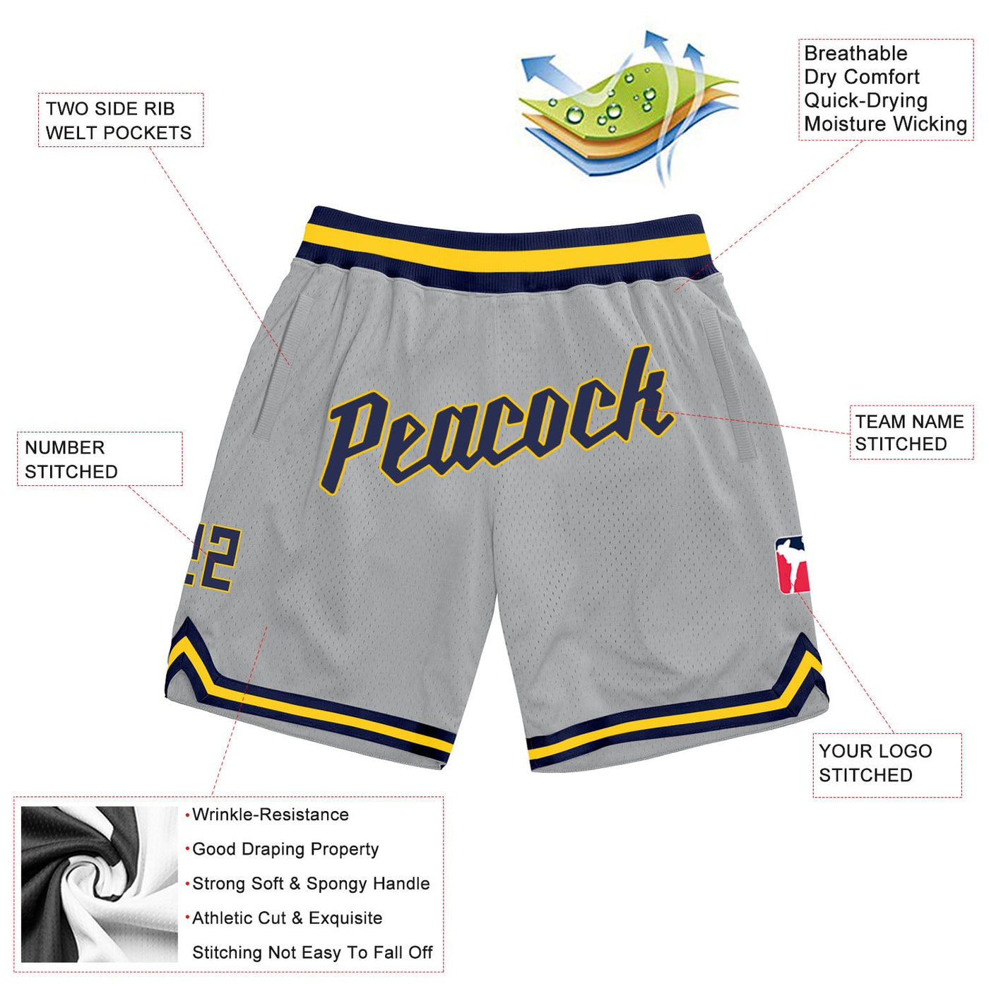 Custom Silver Gray Navy-Gold Authentic Throwback Basketball Shorts