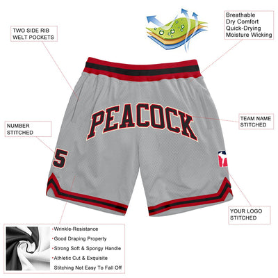 Custom Silver Gray Black-Red Authentic Throwback Basketball Shorts