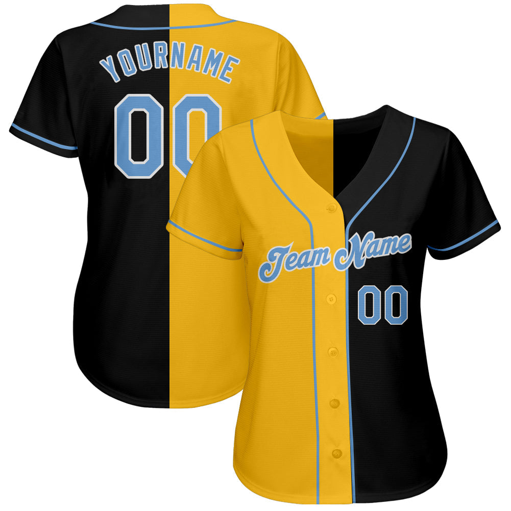 Custom Black Light Blue-Gold Authentic Split Fashion Baseball Jersey - Owls Matrix LTD