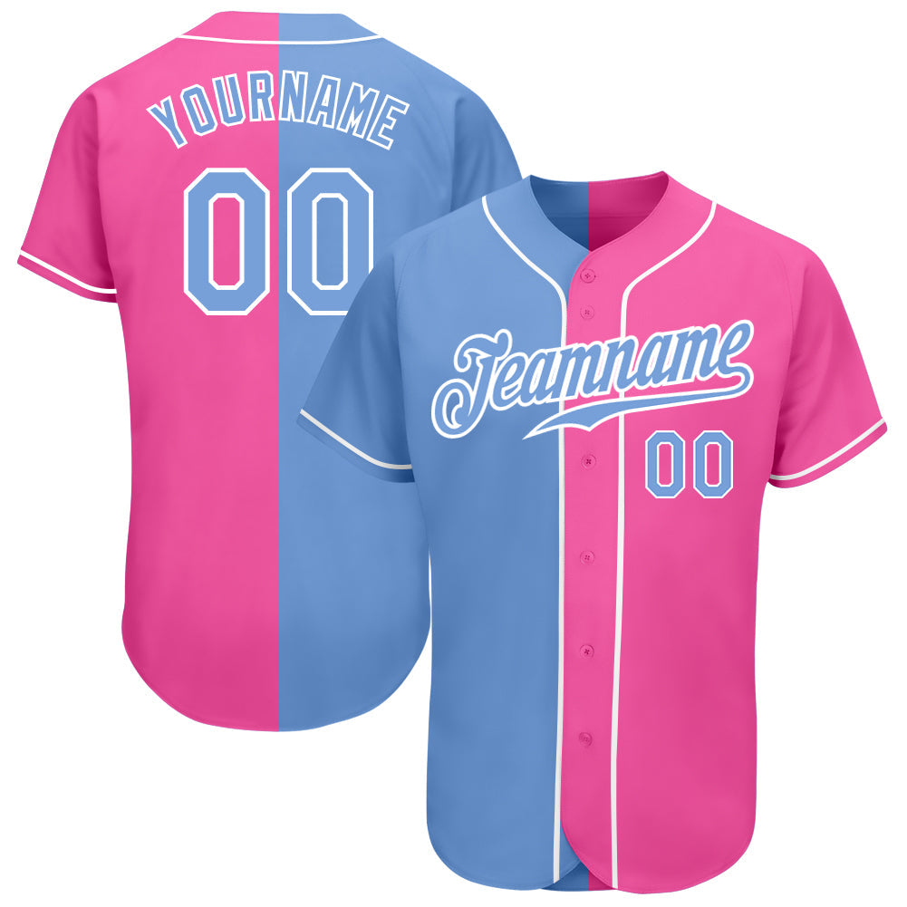 Custom Pink Light Blue-White Authentic Split Fashion Baseball Jersey - Owls Matrix LTD