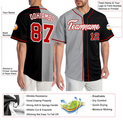 Custom Black Red-Gray Authentic Split Fashion Baseball Jersey - Owls Matrix LTD