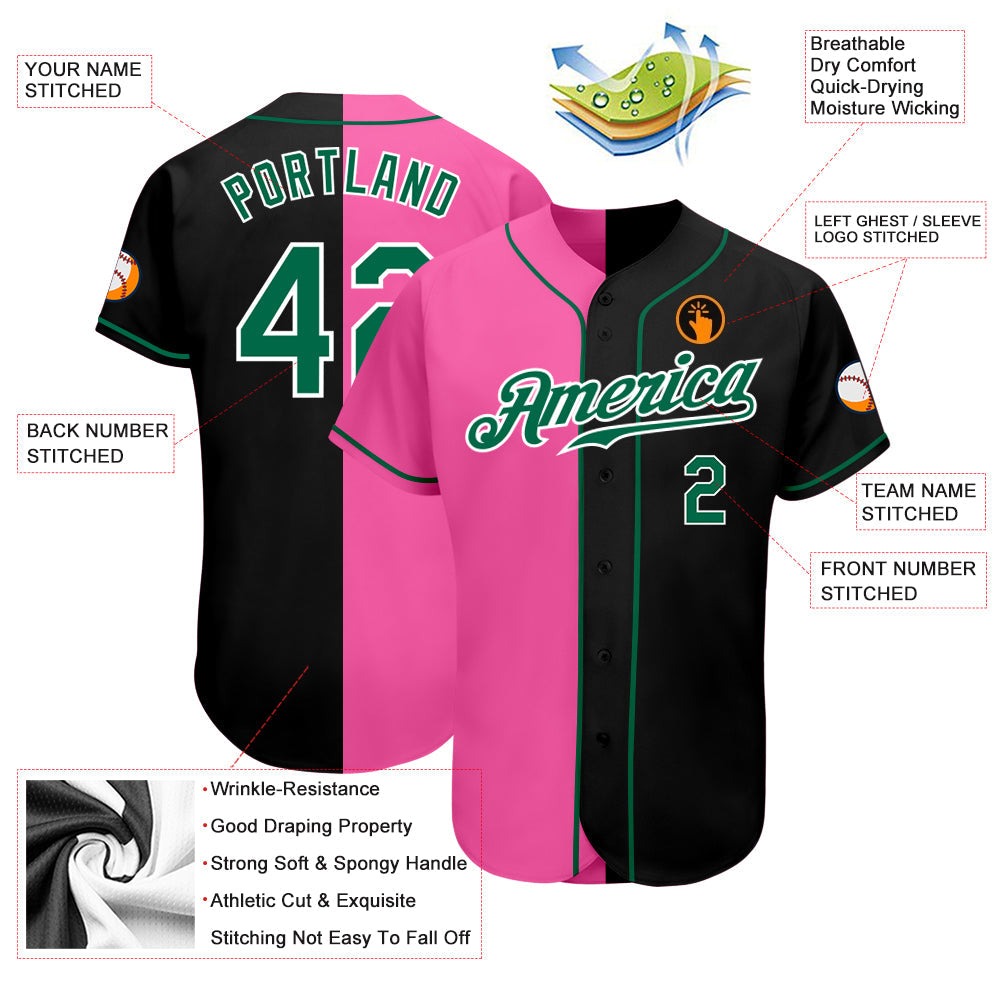 Custom Black Kelly Green-Pink Authentic Split Fashion Baseball Jersey - Owls Matrix LTD