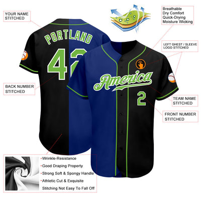 Custom Black Neon Green-Royal Authentic Split Fashion Baseball Jersey - Owls Matrix LTD