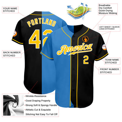 Custom Black Gold-Powder Blue Authentic Split Fashion Baseball Jersey - Owls Matrix LTD