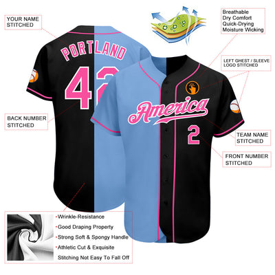 Custom Black Pink-Light Blue Authentic Split Fashion Baseball Jersey - Owls Matrix LTD