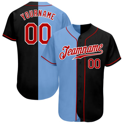 Custom Black Red-Light Blue Authentic Split Fashion Baseball Jersey - Owls Matrix LTD