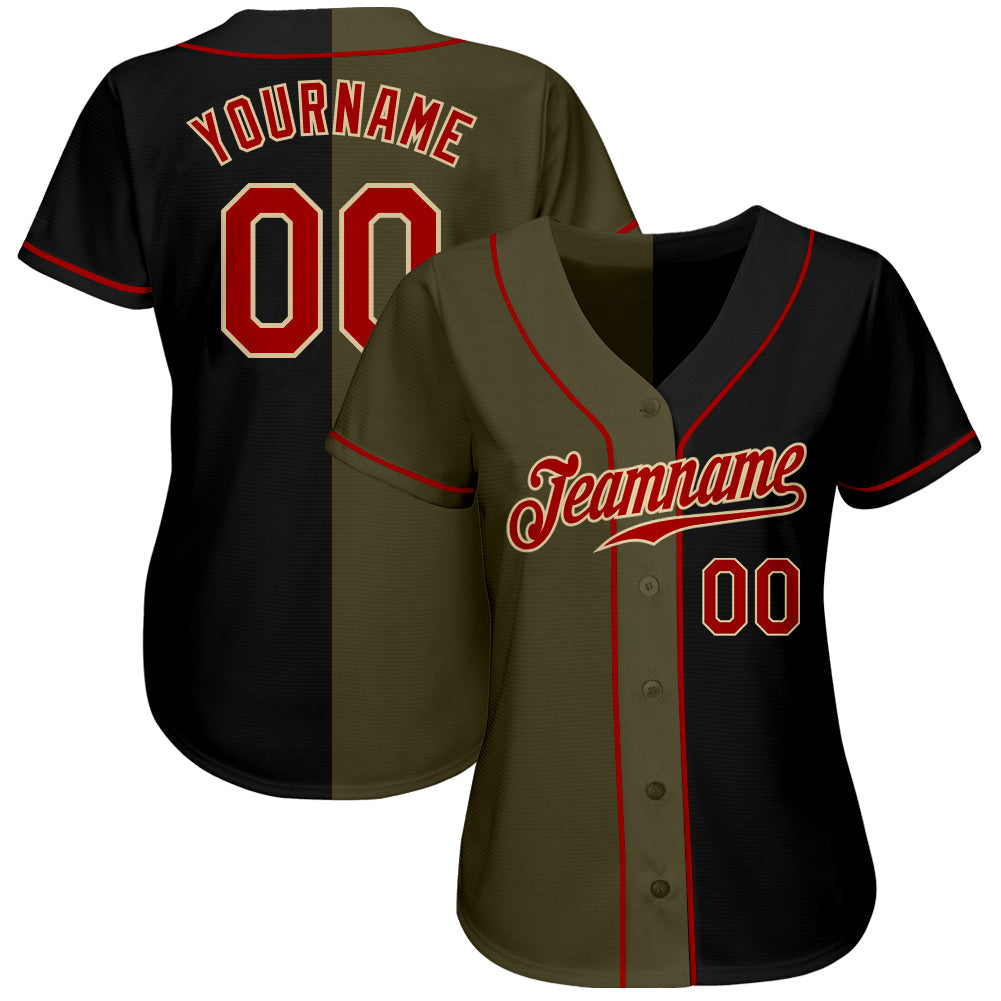 Custom Black Red-Olive Authentic Split Fashion Baseball Jersey - Owls Matrix LTD