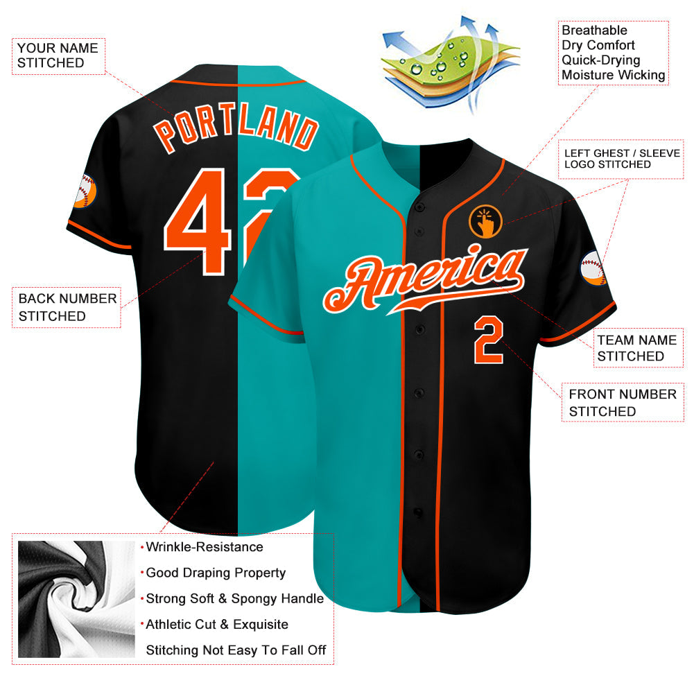 Custom Black Orange-Aqua Authentic Split Fashion Baseball Jersey - Owls Matrix LTD