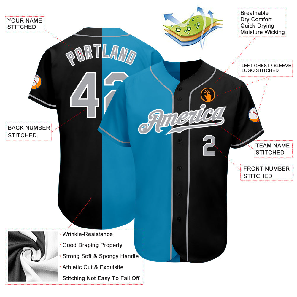 Custom Black Gray-Panther Blue Authentic Split Fashion Baseball Jersey - Owls Matrix LTD