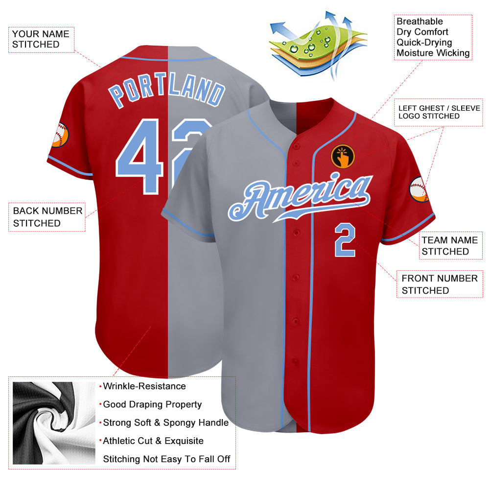 Custom Red Light Blue-Gray Authentic Split Fashion Baseball Jersey - Owls Matrix LTD