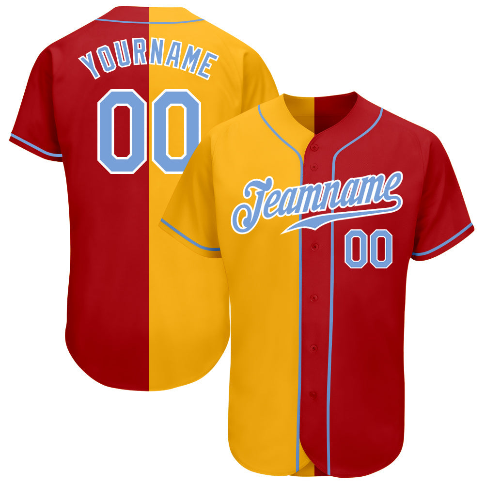 Custom Red Light Blue-Gold Authentic Split Fashion Baseball Jersey - Owls Matrix LTD