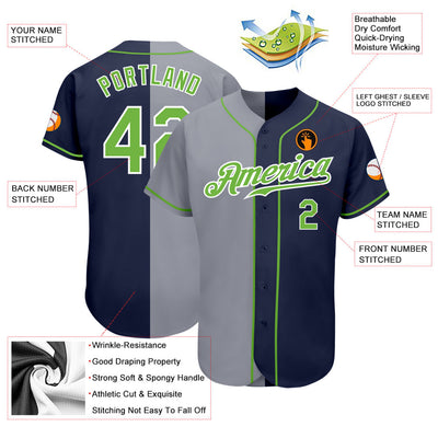 Custom Navy Neon Green-Gray Authentic Split Fashion Baseball Jersey - Owls Matrix LTD