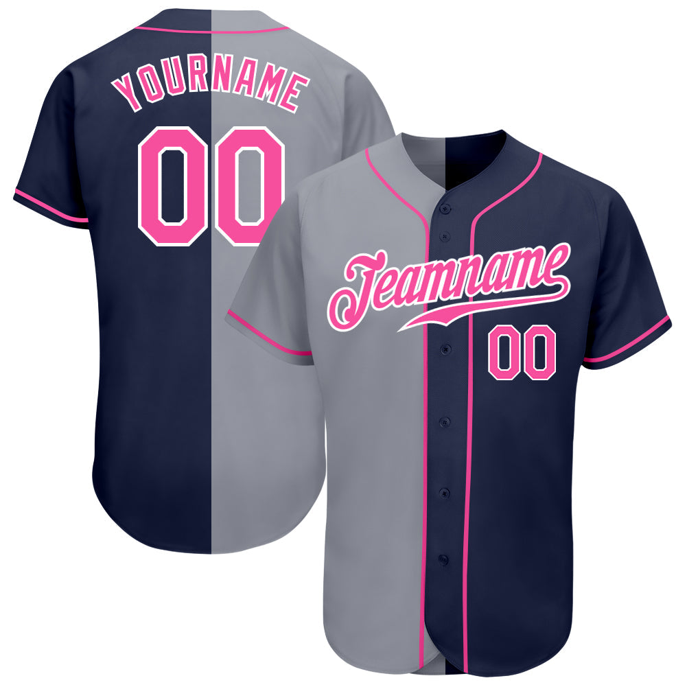 Custom Navy Pink-Gray Authentic Split Fashion Baseball Jersey - Owls Matrix LTD