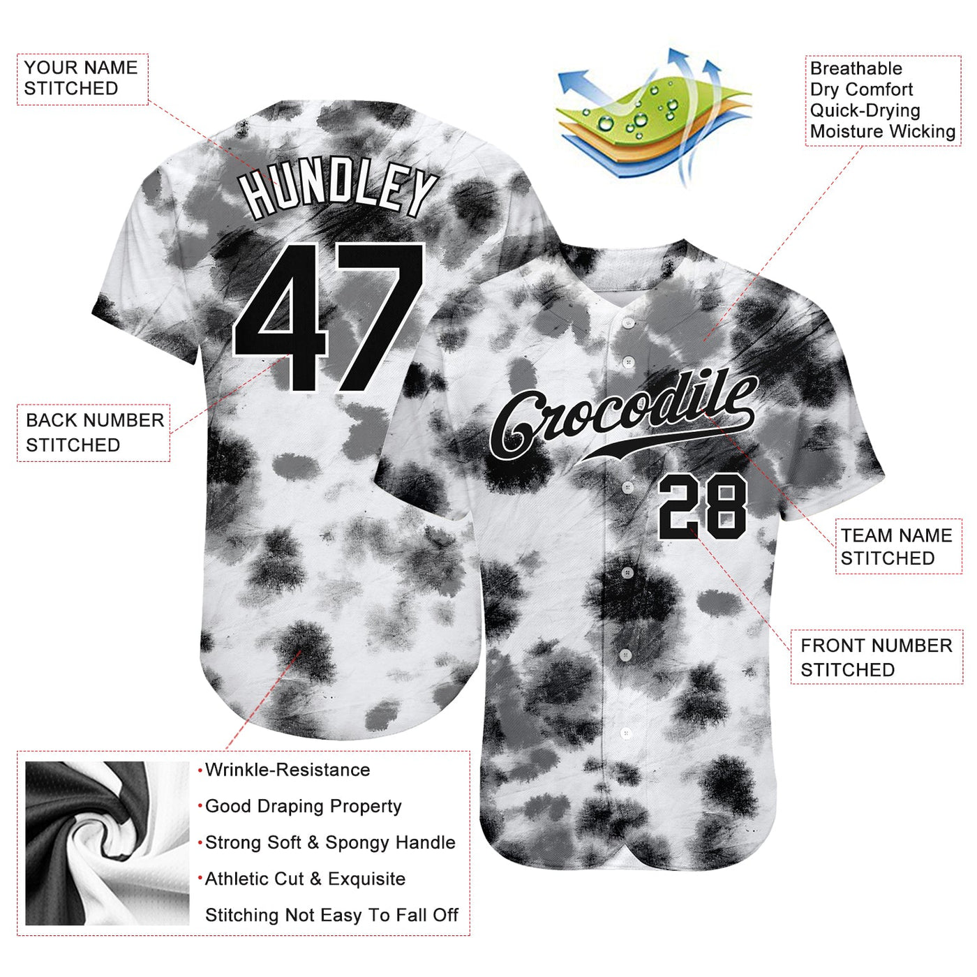 Custom Tie Dye Black-White 3D Steel Authentic Baseball Jersey - Owls Matrix LTD