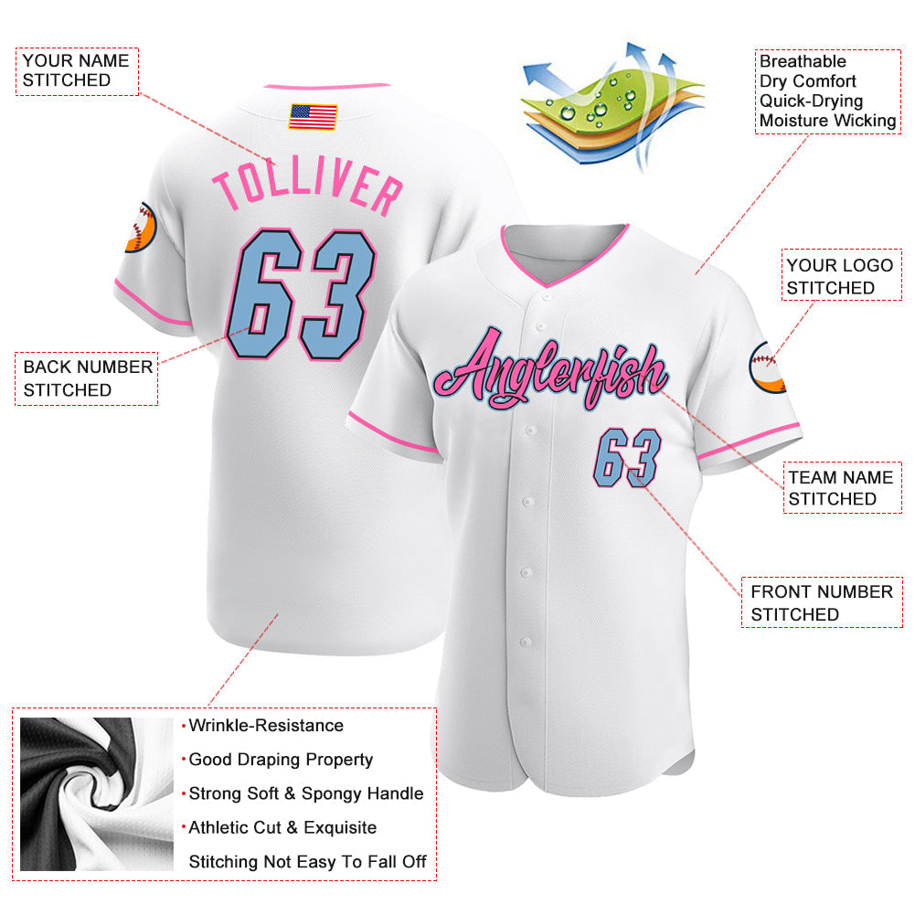 Custom White Light Blue-Pink Authentic American Flag Fashion Baseball Jersey - Owls Matrix LTD