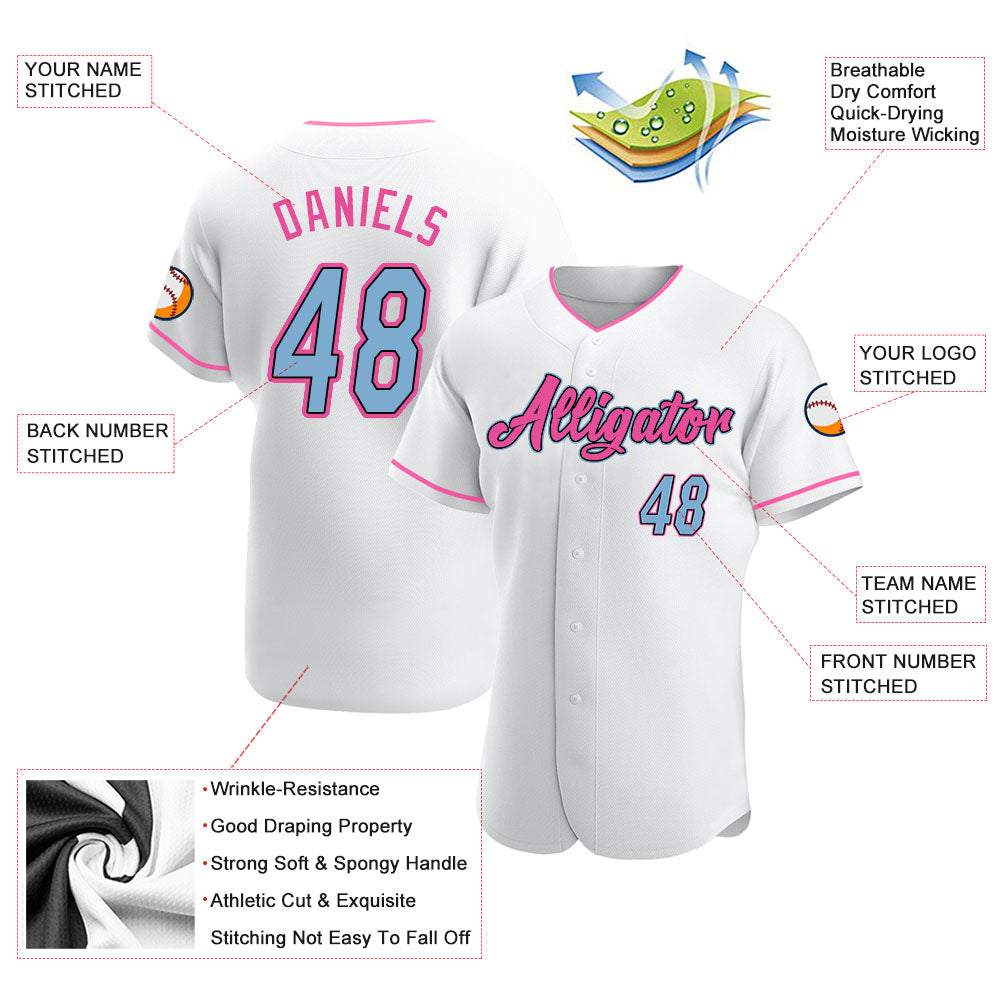 Custom White Light Blue-Pink Authentic Baseball Jersey - Owls Matrix LTD