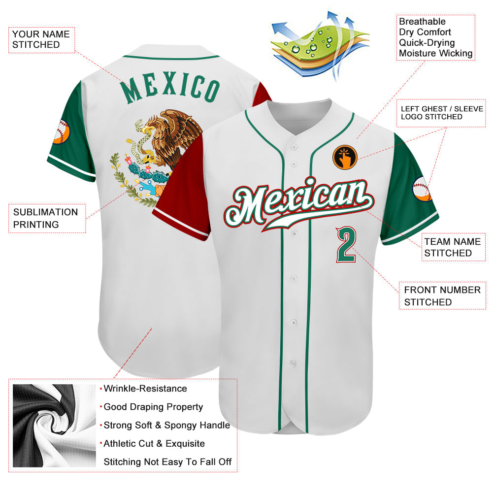 Custom White Kelly Green-Red Authentic Mexico Two Tone Baseball Jersey - Owls Matrix LTD