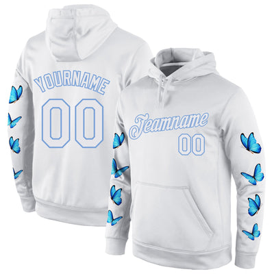 Custom Stitched White White-Light Blue 3D Pattern Design Butterfly Sports Pullover Sweatshirt Hoodie