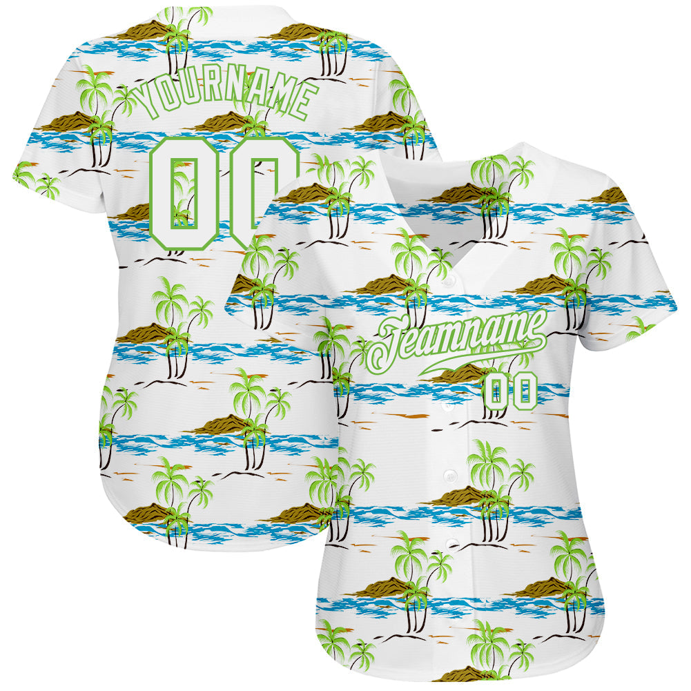 Custom White White-Neon Green 3D Pattern Design Beaches Authentic Baseball Jersey - Owls Matrix LTD