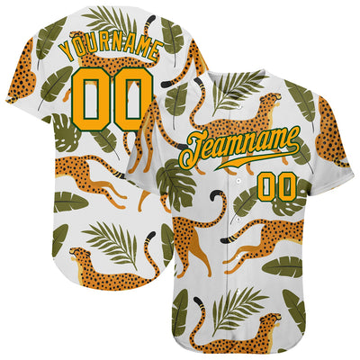 Custom White Gold-Green 3D Pattern Design Leopards And Tropical Leaves Authentic Baseball Jersey - Owls Matrix LTD